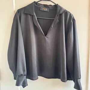 Renee C Notch Collar Long Sleeve Solid Satin Top